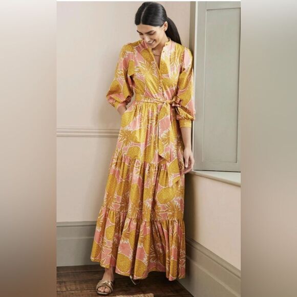 Boden Yellow Wrap Tiered Dress with Bishop Sleeves - Picture 1 of 10